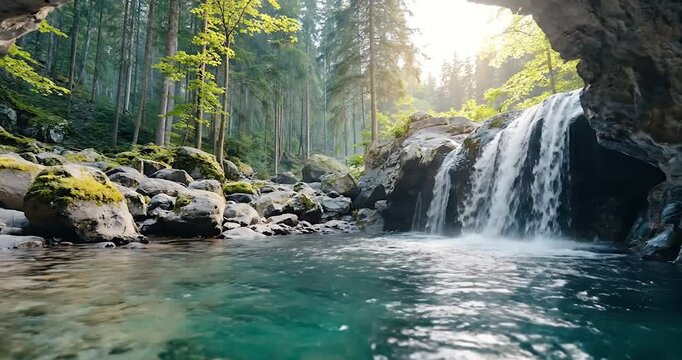 Serene Forest Waterfall Cave Entrance Video Clip: Crystal Clear Water Flows Over Mossy Rocks into a Tranquil Pool with Lush Green Trees and Sunlit Forest Beyond, Capturing the Untamed Beauty of Nature