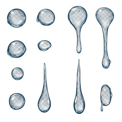 Collection of clear liquid droplets and strings isolated on transparent background