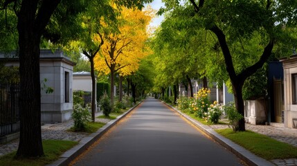 Serene Tree-Lined Pathway in Cemetery with Golden Autumn Foliage Creating a Tranquil and Peaceful Atmosphere for Reflection and Remembrance