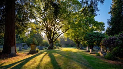 Obraz premium Serene Cemetery Scene with Lush Green Trees and Soft Light Filtering Through Leaves in a Peaceful Outdoor Setting