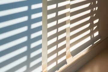 Sunlight casting strong striped shadows on a light colored wall, forming an abstract pattern