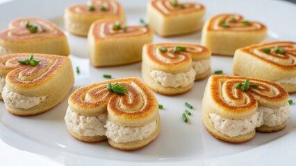 Cheese lover day food Heart shaped pancakes filled with cream and garnished with chives | Cheese, lover, day, food, festival.