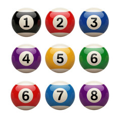Nine pool balls numbered one through nine isolated on transparent background