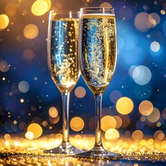 Two elegant champagne flutes filled with sparkling wine, set against a festive background of golden bokeh lights, perfect for celebrations and New Years Eve.