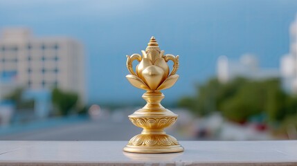 Elegant golden decorative object featuring intricate design and details, symbolizing prosperity and success against a serene blurred background