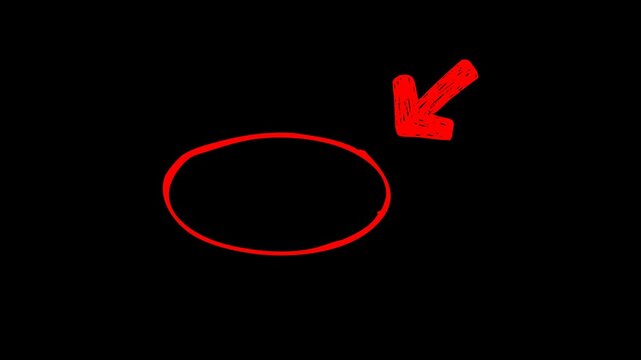 Minimalist hand-drawn red arrow pointing at a circular frame on a black background for highlighting important content in educational videos and professional presentations.

