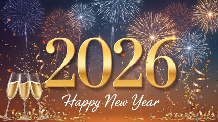 Happy New Year 2026 celebration greeting card with gold snowflake decoration and merry xmas text on a winter holiday vector illustration design