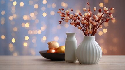 Elegant minimalist display featuring a white vase with decorative dried flowers alongside a dark bowl containing assorted fruits and soft bokeh background