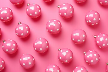 Pink polka dot christmas ornaments arranged on a vibrant pink background