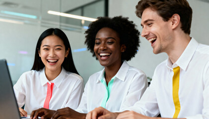 Diverse team of colleagues laughing in a modern office. Happy multi-ethnic business people collaborating on a successful project. Teamwork and positive corporate culture