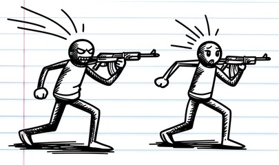 Obraz premium Two angry stick figures aim rifles, drawn on lined notebook paper. Simple cartoon style.
