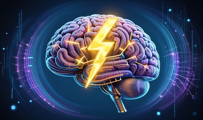 Brain illuminated by lightning bolt inside glowing lightbulb, futuristic neural network.