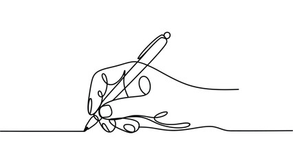 Continuous one line drawing of human hand signing with pen isolated on white background, minimal outline illustration for signature, contract, approval and business concept 