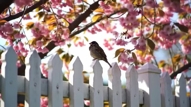 Sparrow perched on white picket fence with pink cherry blossom tree in spring.