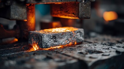 Close-up of a heated metal piece being pressed by a machine. Bright orange glow emanates. Focus on the raw material's texture and heat