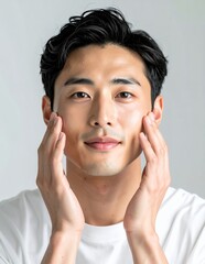 Young Asian man with healthy skin touching his face, showcasing a skincare routine and natural beauty.