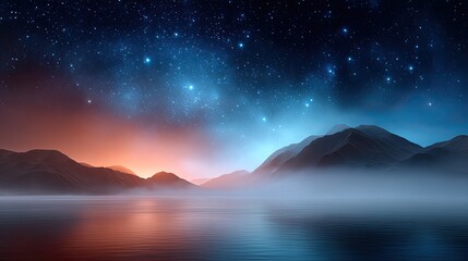 Fototapeta premium Ethereal Night Sky Over Calm Water and Mystical Mountain Landscape with Starry Sky and Soft Foggy Atmosphere at Dusk