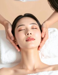 Young Asian woman receiving a relaxing facial massage at a spa, with closed eyes and a serene expression.