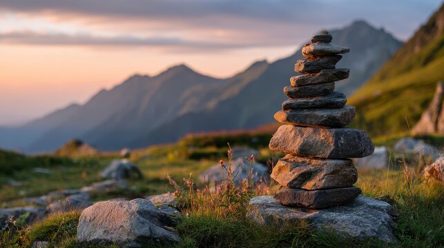A stone cairn stands in a serene mountain meadow, silhouetted against a golden sunset and distant peaks. The scene evokes peace and contemplation