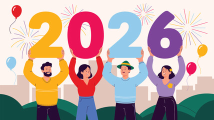  Happy new year 2026 celebration illustration with diverse people holding numbers balloons fireworks joy success unity and festive holiday concept on colorful background