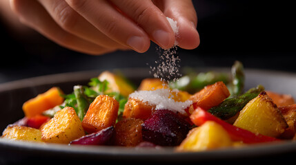 Seasoning Fresh Roasted Vegetables: A close-up shot of a hand adding salt to a plate of vibrant, fresh roasted vegetables. The image focuses on culinary art.
