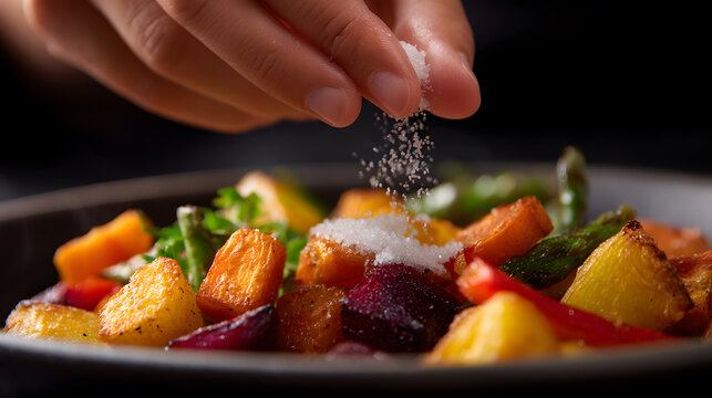 Seasoning Fresh Roasted Vegetables: A close-up shot of a hand adding salt to a plate of vibrant, fresh roasted vegetables. The image focuses on culinary art.