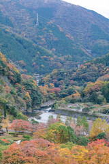 三保ダムから見た河内川と紅葉した山々