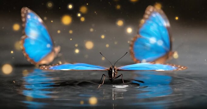 Close-up slow motion video clip of a vibrant blue morpho butterfly with intricate wing patterns, delicately touching the surface of rippling water, with soft bokeh golden lights in the background.