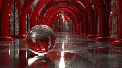 A reflective sphere sits in a glossy interior with red arches. The hallway has a repeating pattern of pillars, with an iridescent surface