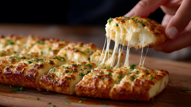 Cheesy Garlic Bread Delight: Close-up shot showcases a freshly baked, golden-brown garlic bread, its cheese strings inviting the viewer to savor the delicious treat.