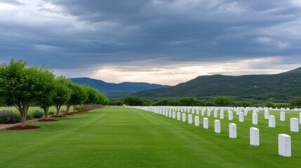 Peaceful Cemetery Landscape with White Graves Under Dramatic Sky and Lush Green Trees on a Calm Evening in Rural Setting