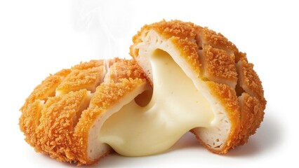 Cheese lover day food A close up shot of a golden-brown breaded fish cake split in half, revealing a creamy, white molten cheese filling | Cheese, lover, day, food, festival.