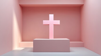 Obraz premium Minimalist pink interior with a large cross sculpture, soft lighting, and simple design elements creating a serene and modern atmosphere for contemplation