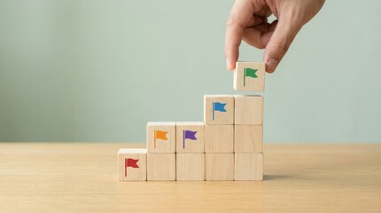 Hand setting up a domino effect with light colored dominoes on a light brown surface against a pale green wall