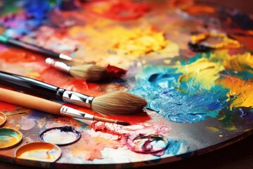 Obraz premium Artist palette mixing vibrant oil paint colors with art brushes