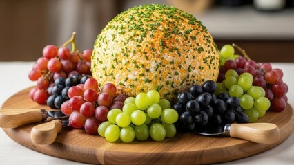 Cheese lover day food Large cheese ball covered in chives and paprika surrounded by colorful grapes and cheese knives on wooden board | Cheese, lover, day, food, festival.