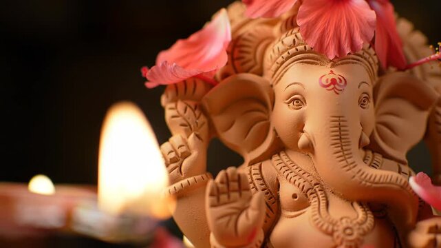 Close-up of Ganesha idol decorated with hibiscus flower with glowing candle. Hindu God Ganesha statue for Ganesh Chaturthi festival.