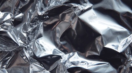 Close-up abstract shot of crumpled, reflective metallic material, showcasing folds and light reflections. High-contrast textures dominate