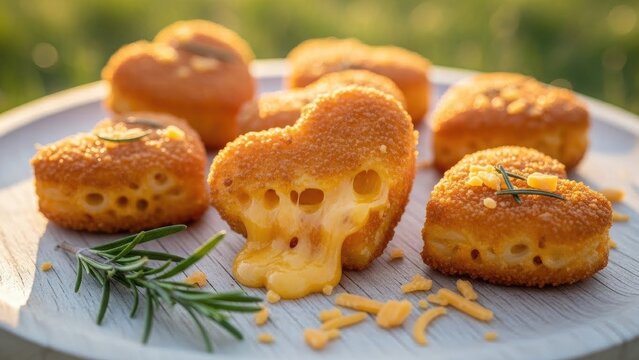 Cheese lover day food Heart-shaped fried macaroni and cheese bites with melted cheddar, garnished with rosemary on rustic wooden board | Cheese, lover, day, food, festival.