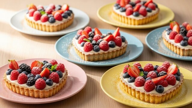 Cheese lover day food Assortment of heart-shaped fruit tarts with fresh strawberries, raspberries, and blueberries on colorful plates | Cheese, lover, day, food, festival. - Powered by Adobe