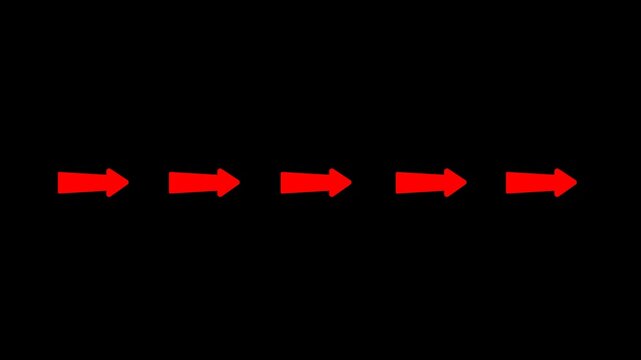 Five red motion graphic arrows moving across a dark screen perfect for video editing website interface design and progress tracking elements.
