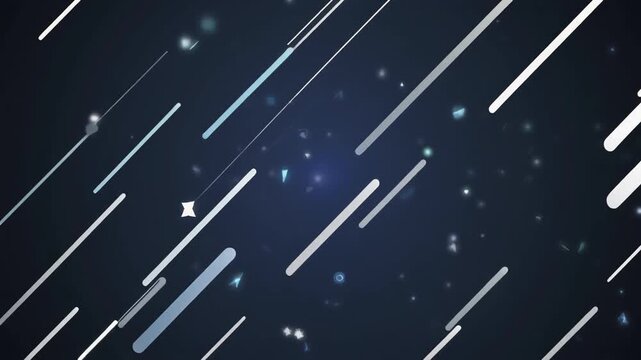 Abstract dark blue background with dynamic white and light blue diagonal lines and glowing particles.