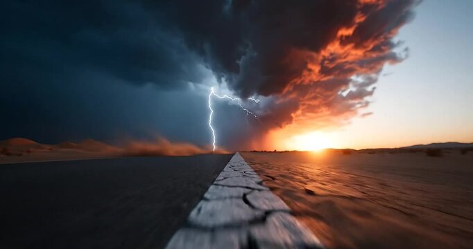 Dramatic Desert Road Video Clip at Sunset with Approaching Storm Clouds and Lightning, Cinematic Wide Angle Shot, Epic Landscape Footage