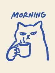 Cat with coffee mug morning lettering doodle vector illustration