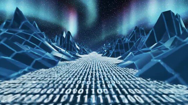Abstract data stream landscape with binary code river and aurora sky. Technology concept with data and code.
