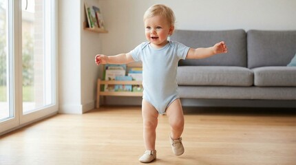 Happy baby walking in living room with wooden floor and sunlight  