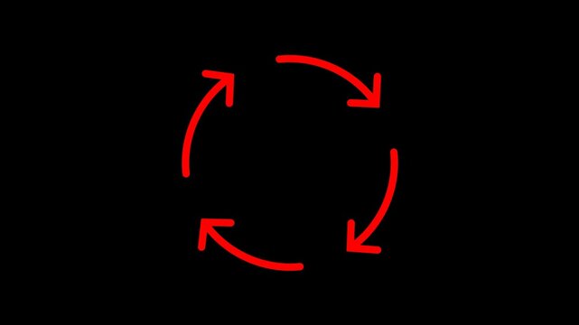 Minimalist red circular process arrows animation on black background showing rotation, cycle, update, sync, workflow, or recurring loop for business or tech concepts.
