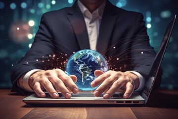 Businessman typing on laptop keyboard with world globe radiating digital connections