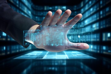 Hand holding and manipulating a glowing holographic blueprint in a digital modern environment
