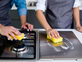 Couple Cleaning a Modern Stovetop Together